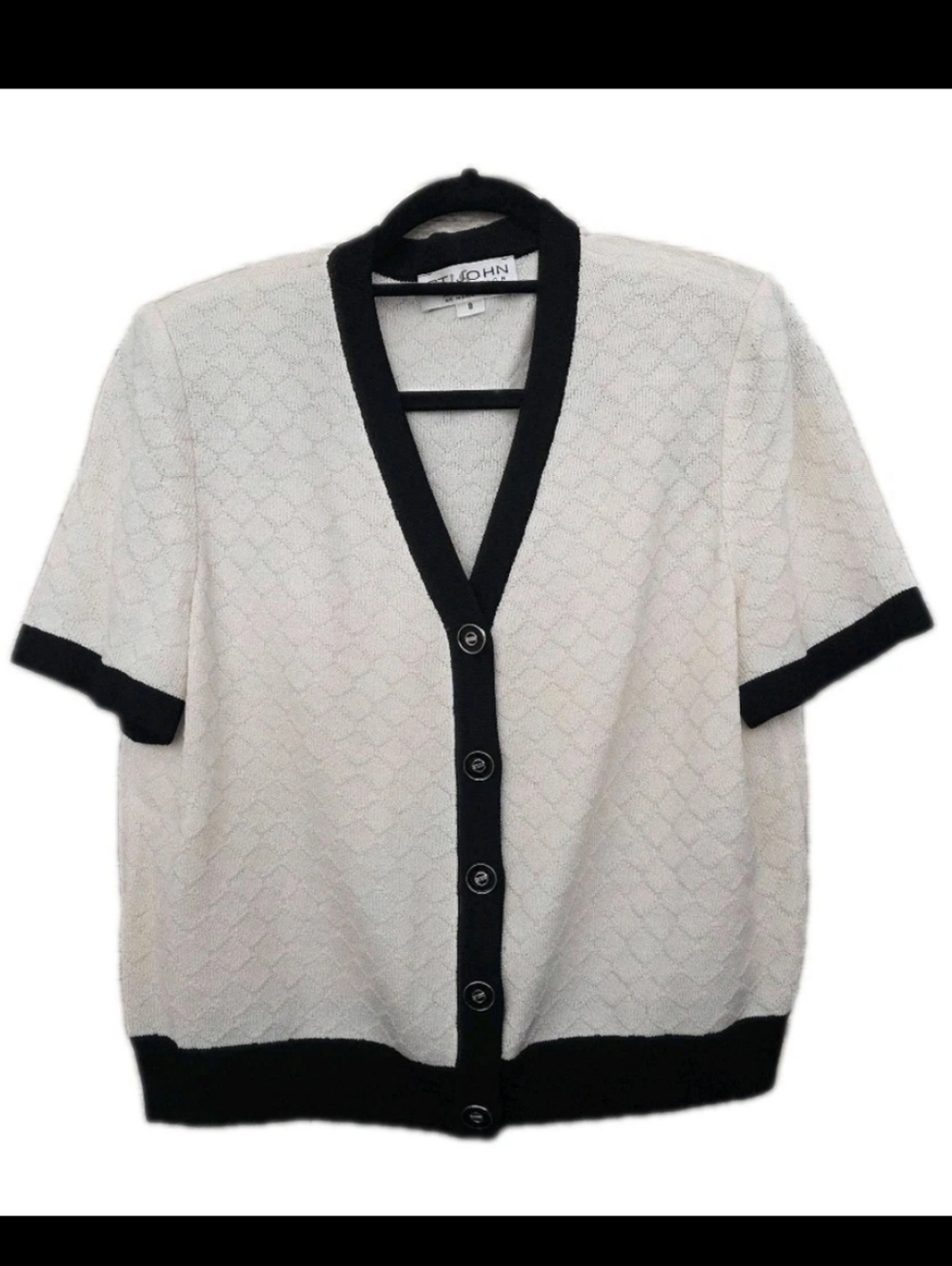 St John Vintage Cream with Black Trim Short Sleeve V Neck Sweater Jacket Size 8